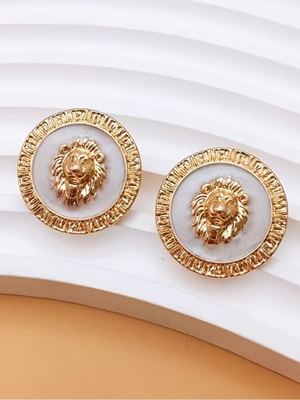 Gold Lion Head Round Stud Earrings with White Inset